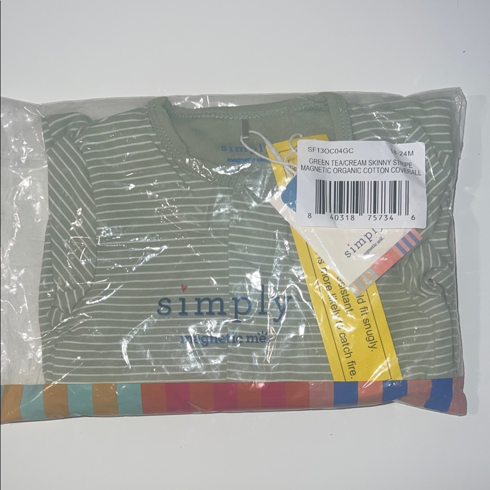 Magnetic Me Green Tea Skinny Stripe Cotton Coverall- Size 18/24 Months